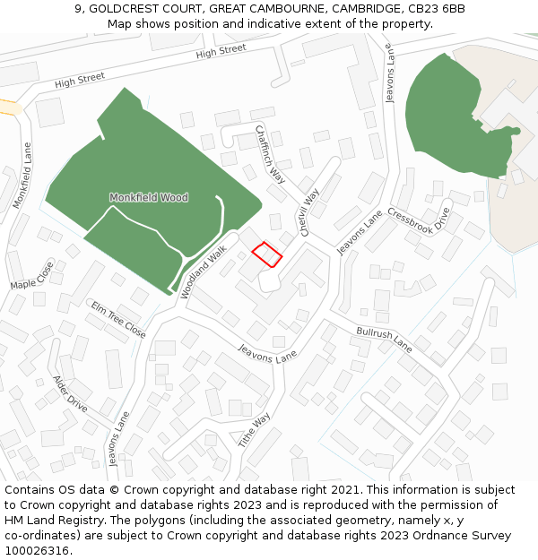 9, GOLDCREST COURT, GREAT CAMBOURNE, CAMBRIDGE, CB23 6BB: Location map and indicative extent of plot