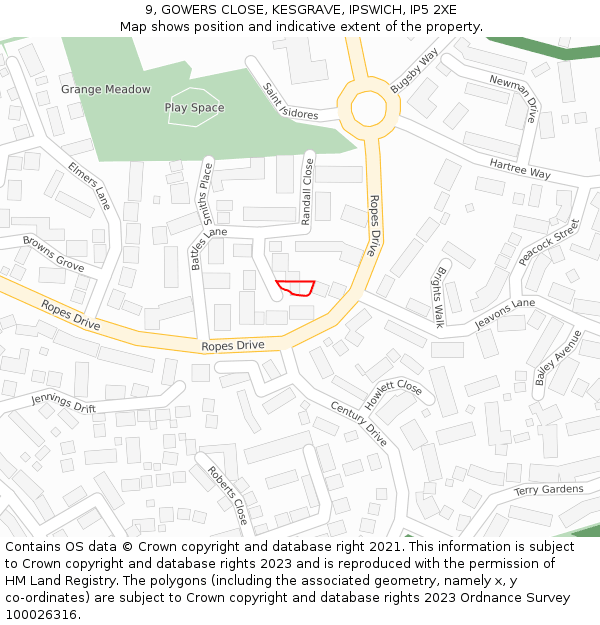 9, GOWERS CLOSE, KESGRAVE, IPSWICH, IP5 2XE: Location map and indicative extent of plot