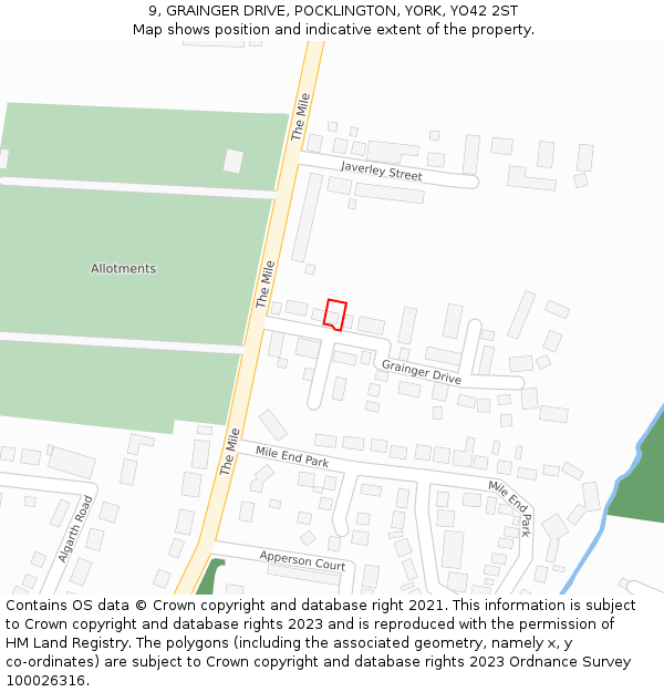 9, GRAINGER DRIVE, POCKLINGTON, YORK, YO42 2ST: Location map and indicative extent of plot