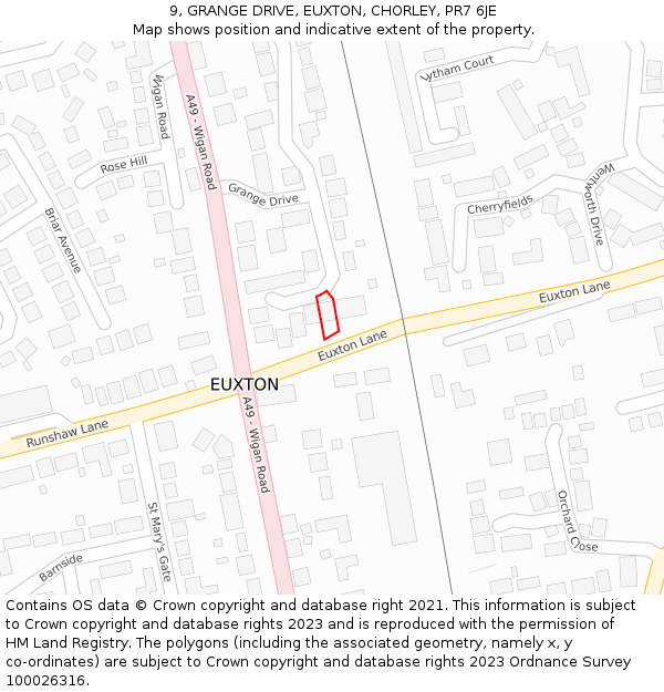 9, GRANGE DRIVE, EUXTON, CHORLEY, PR7 6JE: Location map and indicative extent of plot