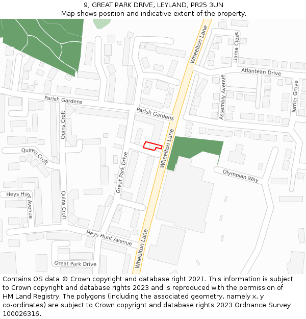 9, GREAT PARK DRIVE, LEYLAND, PR25 3UN: Location map and indicative extent of plot