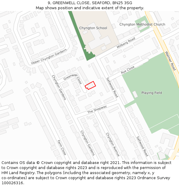 9, GREENWELL CLOSE, SEAFORD, BN25 3SG: Location map and indicative extent of plot