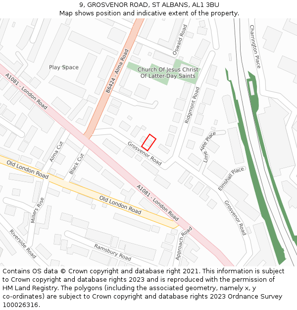 9, GROSVENOR ROAD, ST ALBANS, AL1 3BU: Location map and indicative extent of plot