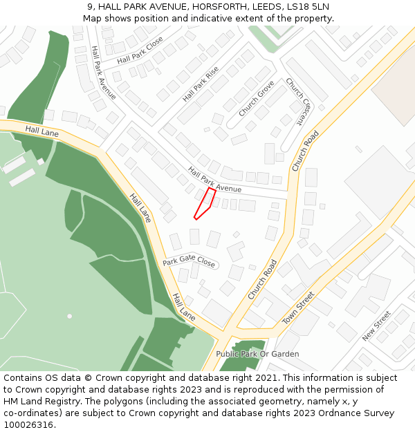 9, HALL PARK AVENUE, HORSFORTH, LEEDS, LS18 5LN: Location map and indicative extent of plot