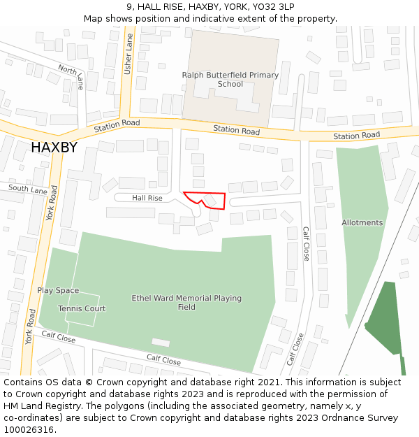 9, HALL RISE, HAXBY, YORK, YO32 3LP: Location map and indicative extent of plot