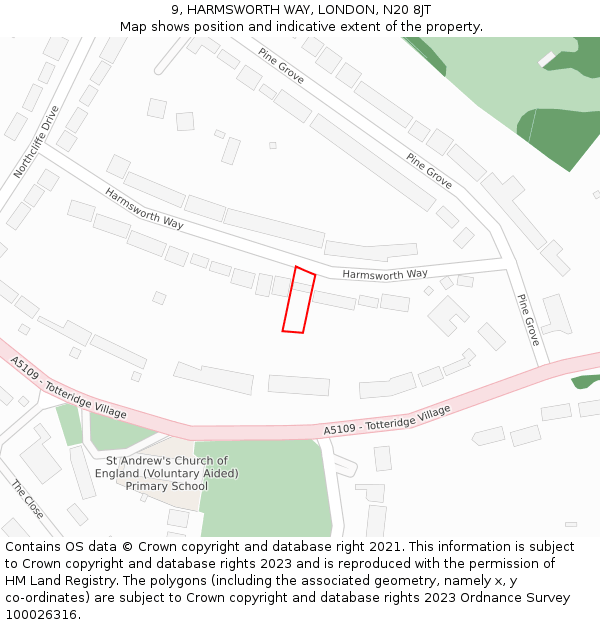 9, HARMSWORTH WAY, LONDON, N20 8JT: Location map and indicative extent of plot