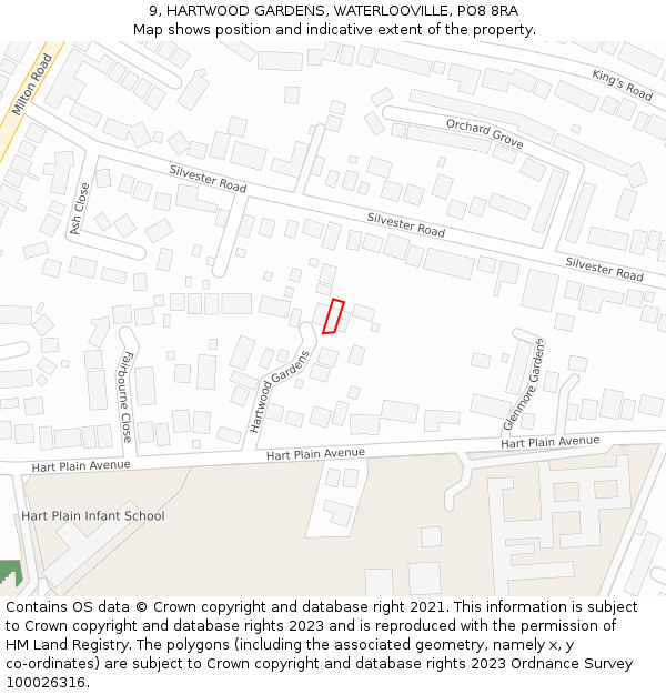 9, HARTWOOD GARDENS, WATERLOOVILLE, PO8 8RA: Location map and indicative extent of plot