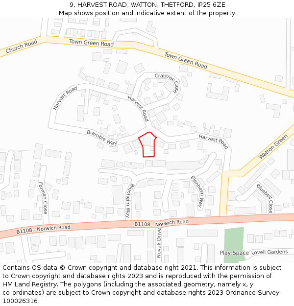 9, HARVEST ROAD, WATTON, THETFORD, IP25 6ZE: Location map and indicative extent of plot