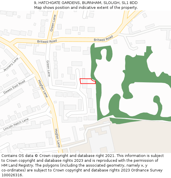 9, HATCHGATE GARDENS, BURNHAM, SLOUGH, SL1 8DD: Location map and indicative extent of plot