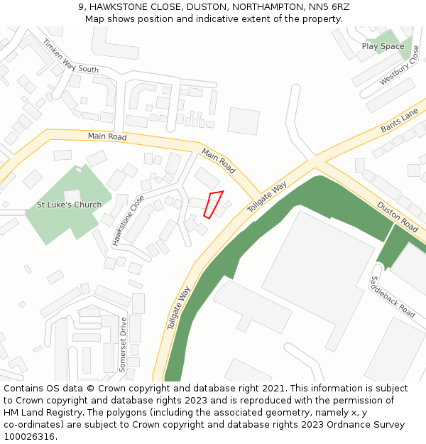 9, HAWKSTONE CLOSE, DUSTON, NORTHAMPTON, NN5 6RZ: Location map and indicative extent of plot