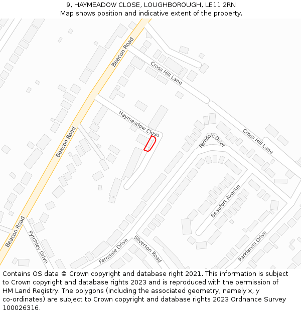 9, HAYMEADOW CLOSE, LOUGHBOROUGH, LE11 2RN: Location map and indicative extent of plot