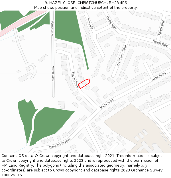 9, HAZEL CLOSE, CHRISTCHURCH, BH23 4PS: Location map and indicative extent of plot