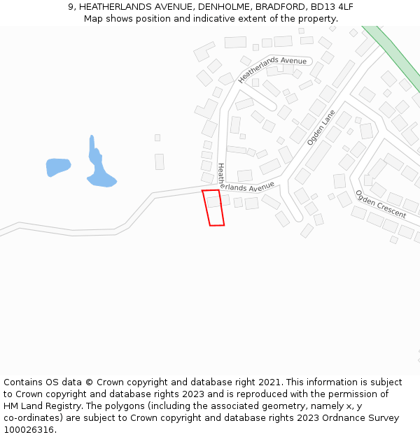 9, HEATHERLANDS AVENUE, DENHOLME, BRADFORD, BD13 4LF: Location map and indicative extent of plot