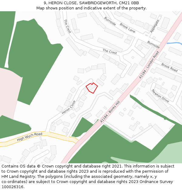 9, HERON CLOSE, SAWBRIDGEWORTH, CM21 0BB: Location map and indicative extent of plot