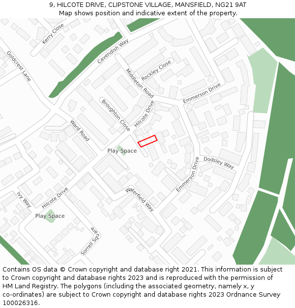 9, HILCOTE DRIVE, CLIPSTONE VILLAGE, MANSFIELD, NG21 9AT: Location map and indicative extent of plot