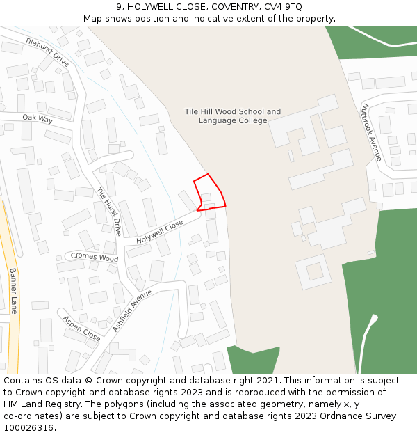 9, HOLYWELL CLOSE, COVENTRY, CV4 9TQ: Location map and indicative extent of plot