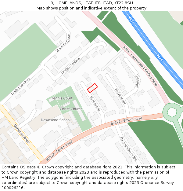 9, HOMELANDS, LEATHERHEAD, KT22 8SU: Location map and indicative extent of plot