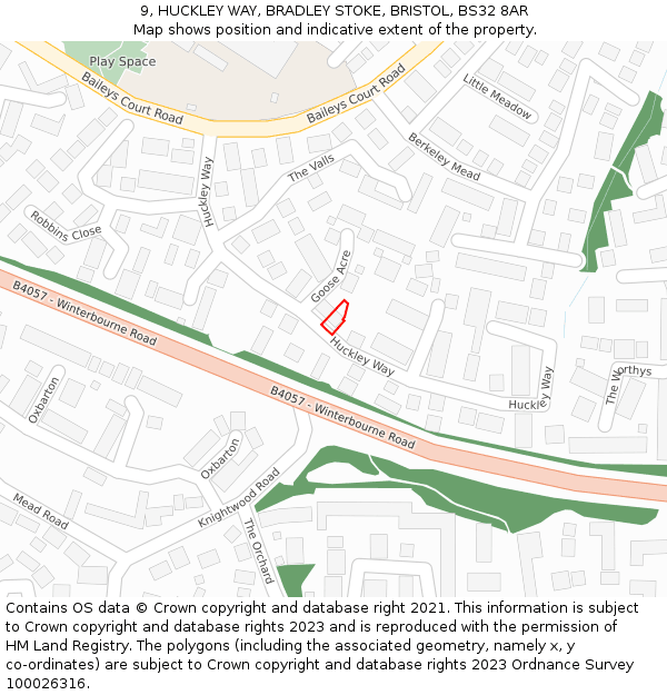 9, HUCKLEY WAY, BRADLEY STOKE, BRISTOL, BS32 8AR: Location map and indicative extent of plot