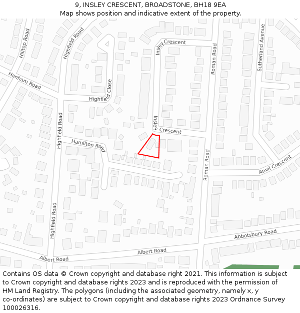 9, INSLEY CRESCENT, BROADSTONE, BH18 9EA: Location map and indicative extent of plot