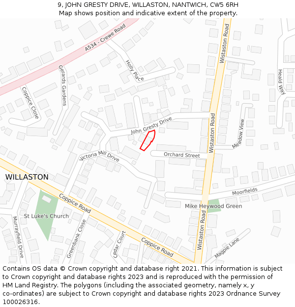 9, JOHN GRESTY DRIVE, WILLASTON, NANTWICH, CW5 6RH: Location map and indicative extent of plot