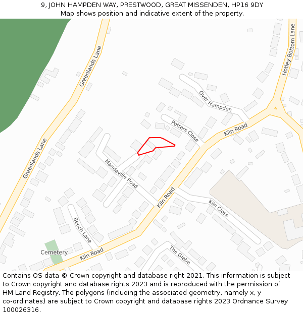 9, JOHN HAMPDEN WAY, PRESTWOOD, GREAT MISSENDEN, HP16 9DY: Location map and indicative extent of plot