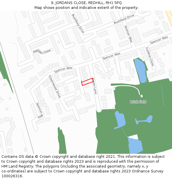 9, JORDANS CLOSE, REDHILL, RH1 5PQ: Location map and indicative extent of plot