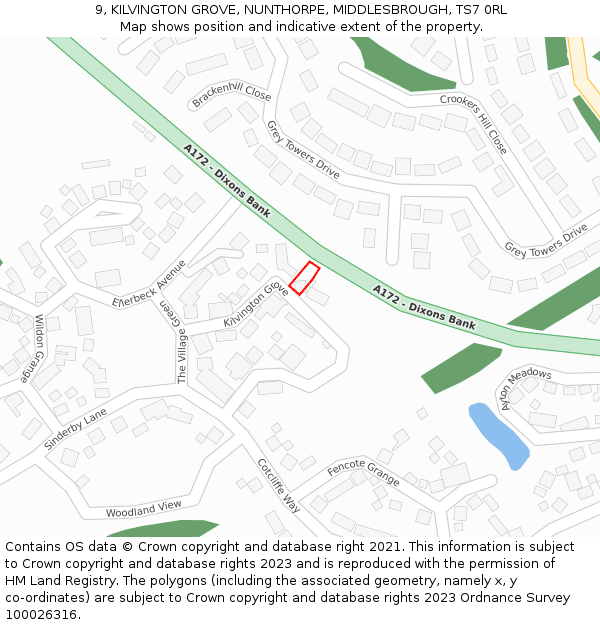 9, KILVINGTON GROVE, NUNTHORPE, MIDDLESBROUGH, TS7 0RL: Location map and indicative extent of plot