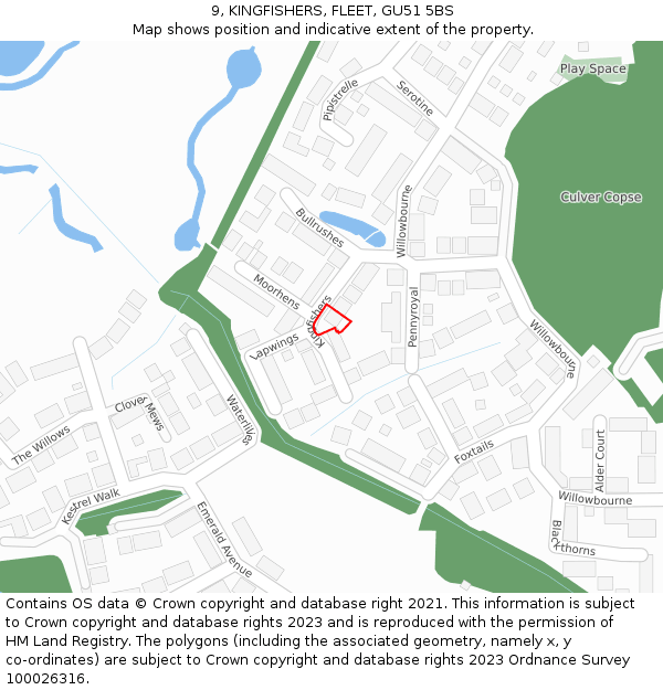 9, KINGFISHERS, FLEET, GU51 5BS: Location map and indicative extent of plot