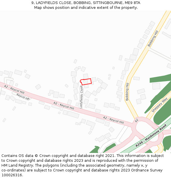 9, LADYFIELDS CLOSE, BOBBING, SITTINGBOURNE, ME9 8TA: Location map and indicative extent of plot