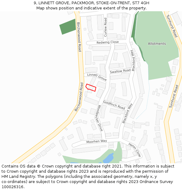 9, LINNETT GROVE, PACKMOOR, STOKE-ON-TRENT, ST7 4GH: Location map and indicative extent of plot