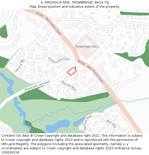 9, MAGNOLIA RISE, TROWBRIDGE, BA14 7SJ: Location map and indicative extent of plot