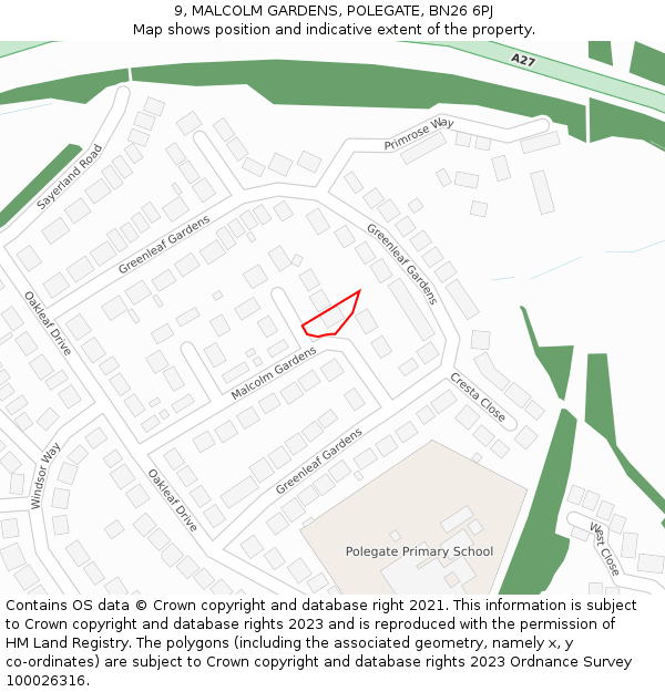 9, MALCOLM GARDENS, POLEGATE, BN26 6PJ: Location map and indicative extent of plot