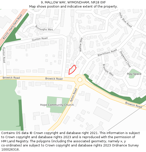 9, MALLOW WAY, WYMONDHAM, NR18 0XF: Location map and indicative extent of plot