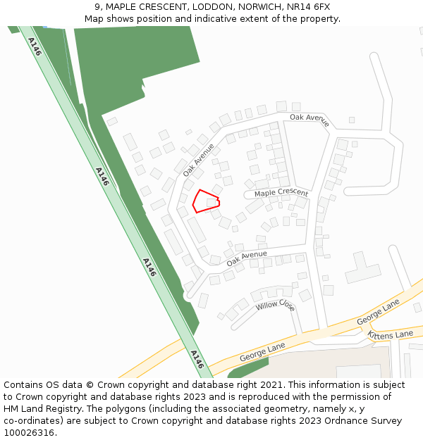 9, MAPLE CRESCENT, LODDON, NORWICH, NR14 6FX: Location map and indicative extent of plot