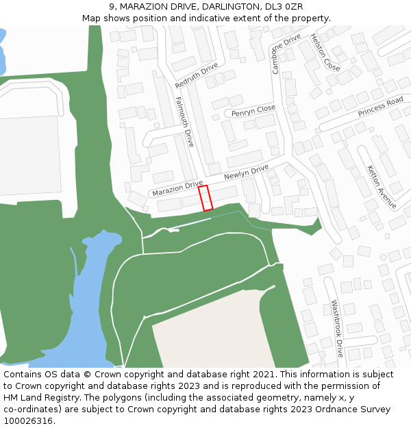 9, MARAZION DRIVE, DARLINGTON, DL3 0ZR: Location map and indicative extent of plot