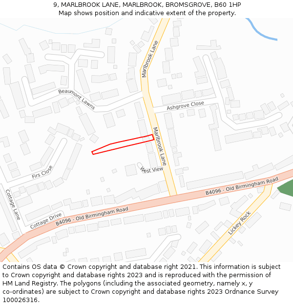 9, MARLBROOK LANE, MARLBROOK, BROMSGROVE, B60 1HP: Location map and indicative extent of plot