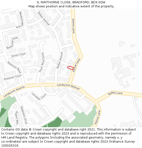 9, MAYTHORNE CLOSE, BRADFORD, BD4 0QW: Location map and indicative extent of plot