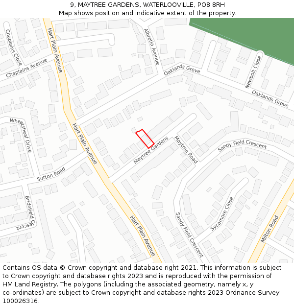 9, MAYTREE GARDENS, WATERLOOVILLE, PO8 8RH: Location map and indicative extent of plot