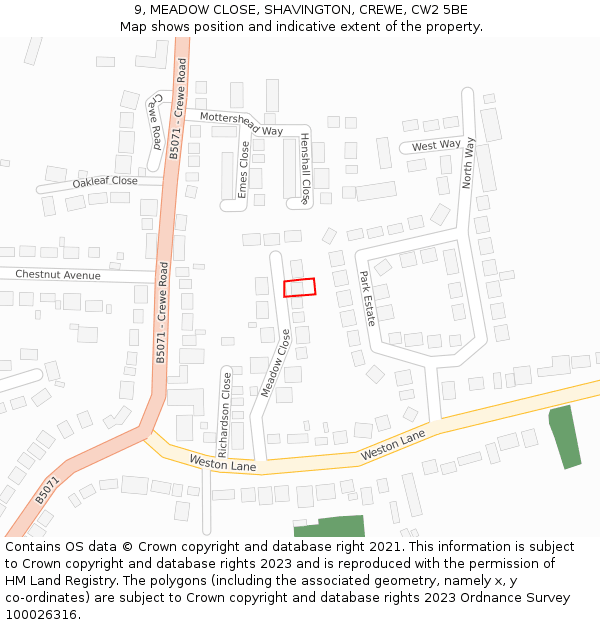 9, MEADOW CLOSE, SHAVINGTON, CREWE, CW2 5BE: Location map and indicative extent of plot