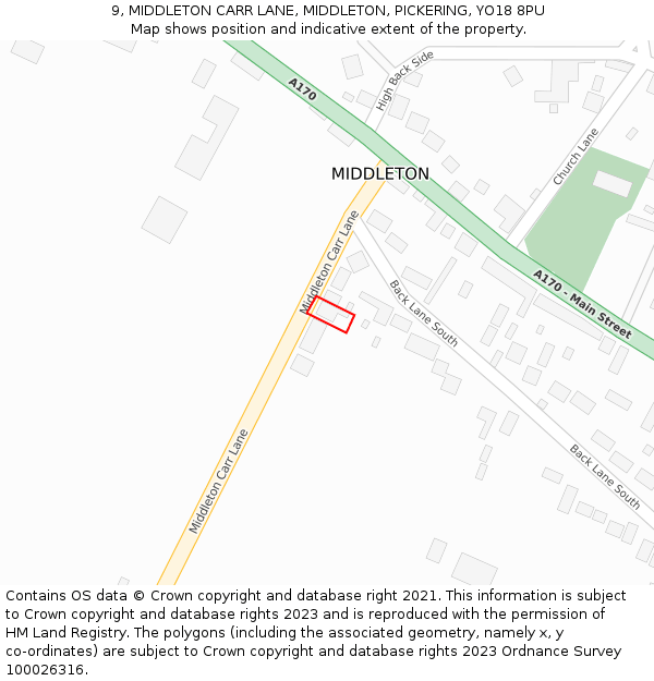 9, MIDDLETON CARR LANE, MIDDLETON, PICKERING, YO18 8PU: Location map and indicative extent of plot