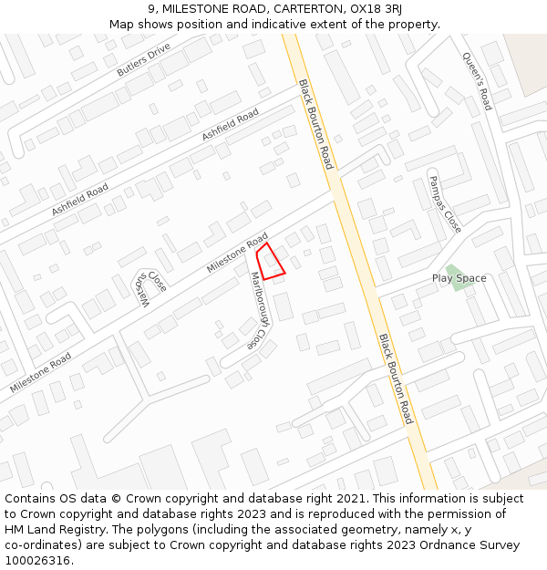 9, MILESTONE ROAD, CARTERTON, OX18 3RJ: Location map and indicative extent of plot