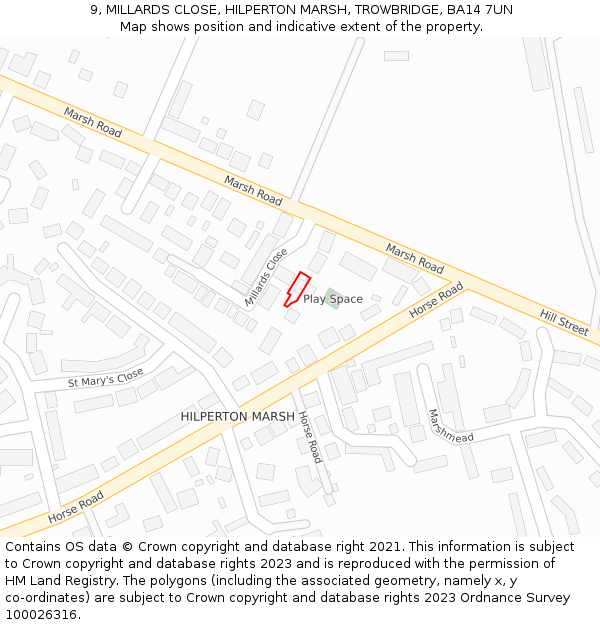 9, MILLARDS CLOSE, HILPERTON MARSH, TROWBRIDGE, BA14 7UN: Location map and indicative extent of plot