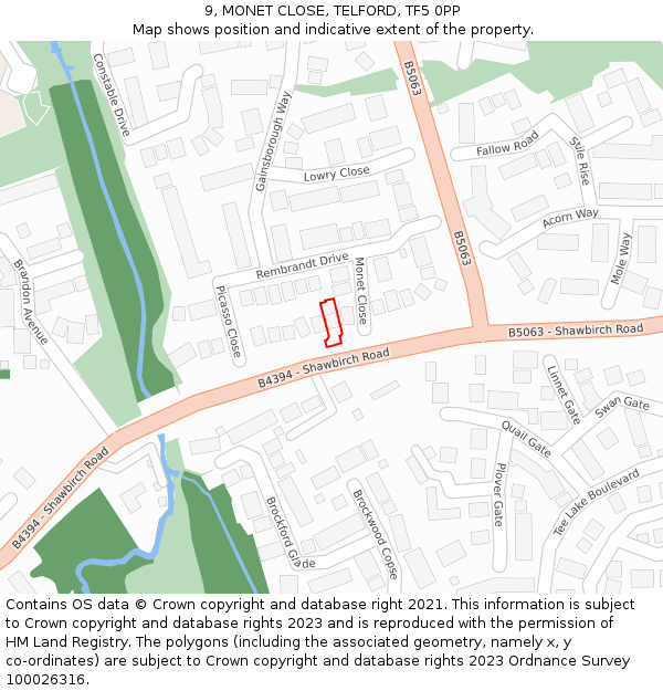 9, MONET CLOSE, TELFORD, TF5 0PP: Location map and indicative extent of plot