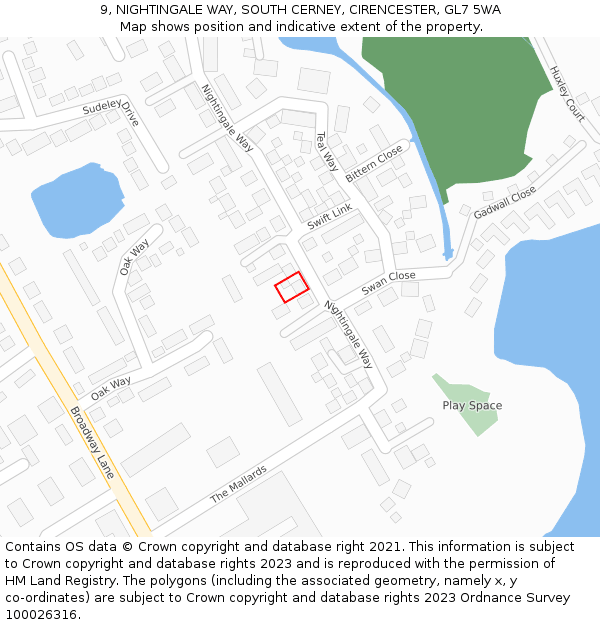 9, NIGHTINGALE WAY, SOUTH CERNEY, CIRENCESTER, GL7 5WA: Location map and indicative extent of plot