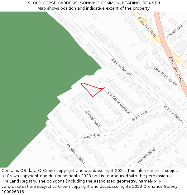 9, OLD COPSE GARDENS, SONNING COMMON, READING, RG4 9TH: Location map and indicative extent of plot