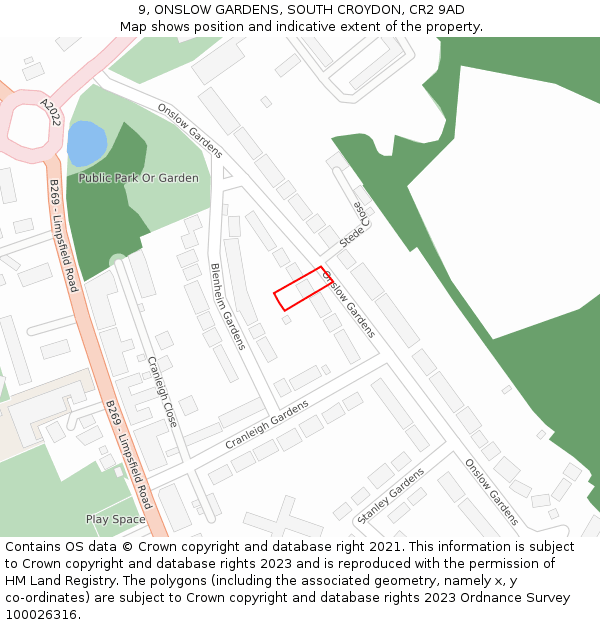 9, ONSLOW GARDENS, SOUTH CROYDON, CR2 9AD: Location map and indicative extent of plot