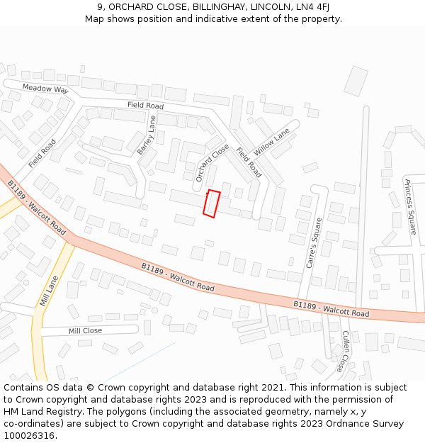 9, ORCHARD CLOSE, BILLINGHAY, LINCOLN, LN4 4FJ: Location map and indicative extent of plot