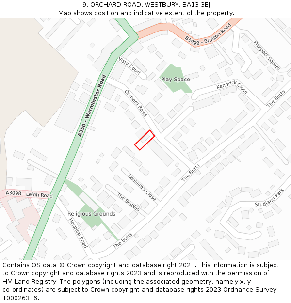 9, ORCHARD ROAD, WESTBURY, BA13 3EJ: Location map and indicative extent of plot