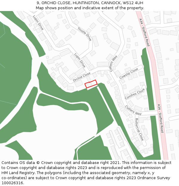 9, ORCHID CLOSE, HUNTINGTON, CANNOCK, WS12 4UH: Location map and indicative extent of plot