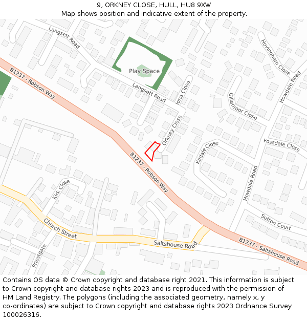 9, ORKNEY CLOSE, HULL, HU8 9XW: Location map and indicative extent of plot